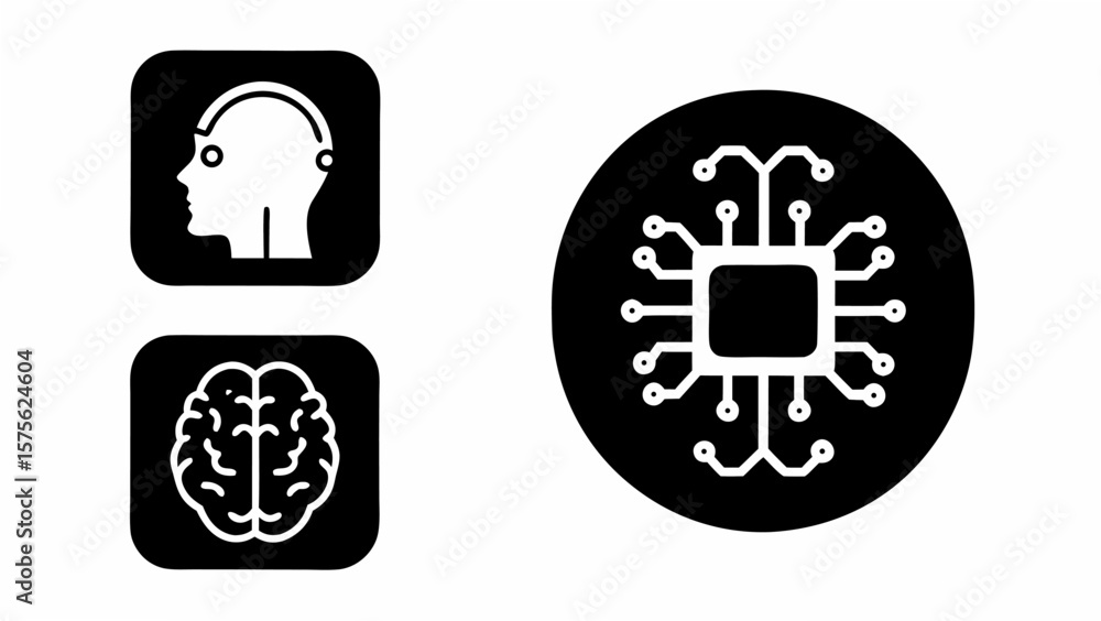 Poster illustration showing artificial intelligence with brain, head with sensors, and computer chip icons 