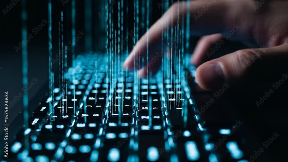 Aufkleber digital data stream flowing over lit keyboard with human hand typing