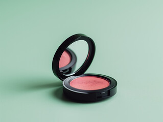 elegant compact blush with visible pressed texture, slightly open on pale green background