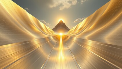 smooth silver and gold metallic gradient background cascades endlessly into a geometric horizon, a tracking shot from a first person perspective rushing toward an apex
