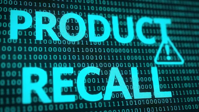 Product Recall Message Overlaid on Binary Code in Blue with Warning Sign