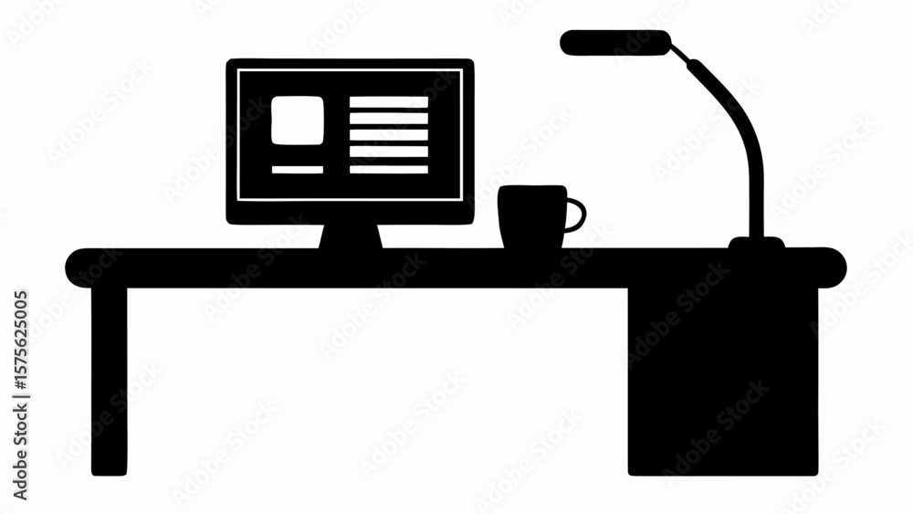 Fototapete Silhouette of a desk with a computer monitor a mug and a desk lamp in a minimalist style design