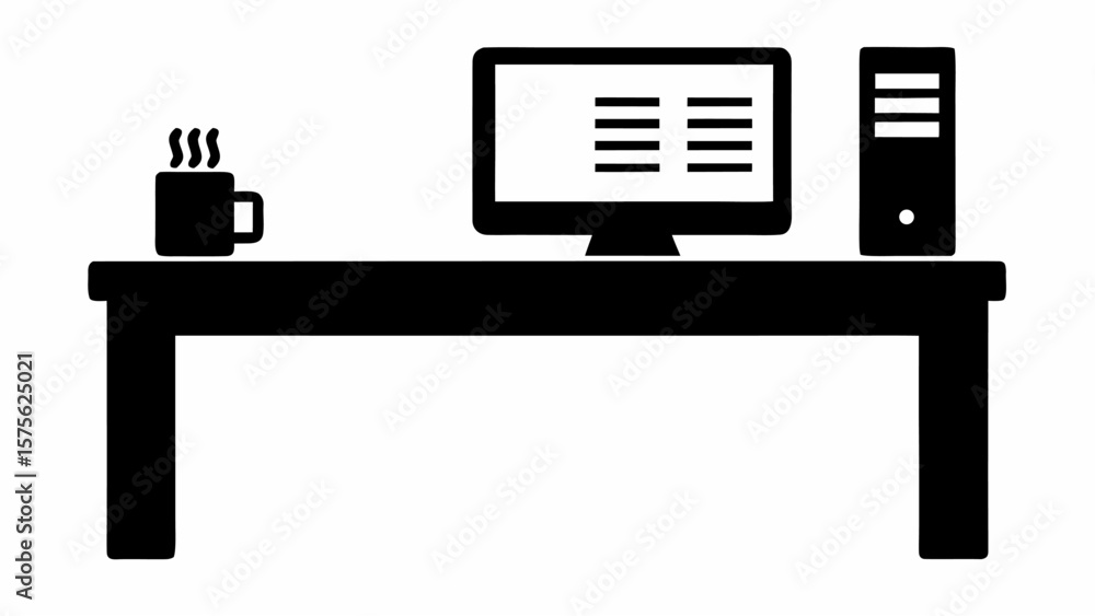 Fototapete desk setup with computer monitor tower and steaming coffee cup on a table in a black and white desig