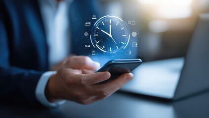 Businessperson using phone, digital clock overlay