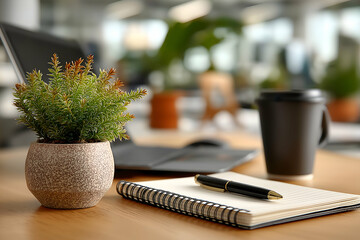 Plant and Notebook on Desk with Laptop and Coffee in Office, motion blur Business concept, motion bokeh background