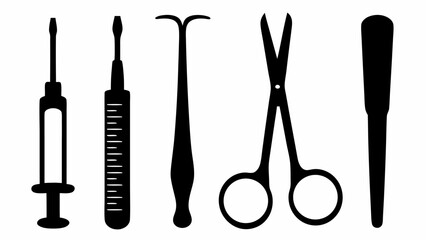 A collection of black medical instruments including syringes scissors and other tools in silhouette