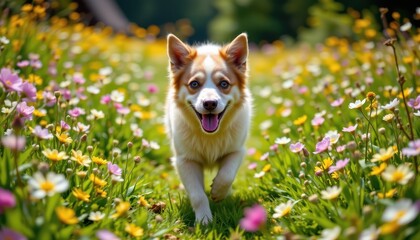 friendly happy dog running at fast pace towards the camera in a blossoming flower meadow on sunny summer day, walking a dog outdoors, super wide angle shot, triumph in vibrant lime tones