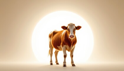 a brown and white cow, standing serenely against a pure white background, radiates hopeful luminescence from a tunnel vision perspective, position the subject low in the frame