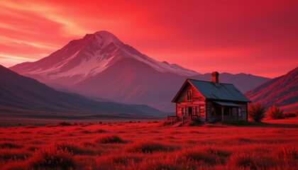 a solitary, weathered house nestled within a vast meadow, dwarfed by a towering, snow capped mountain, a sense of triumph emanates in dazzling red tones, bathing the scene in a victorious glow