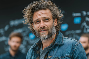 Man With Denim Jacket Standing and Looking Thoughtful Near Writing Board, motion blur Business concept, motion bokeh background