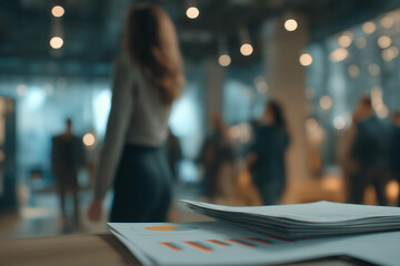 Documents with charts in office space and blurred business people, motion blur Business concept, motion bokeh background