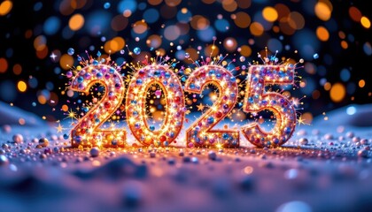 frohes neues jahr! a pov macro focus captures exploding, celebratory 2025, imagine buoyant farben shimmering with glitter licht against a luxurious, premium hintergrund