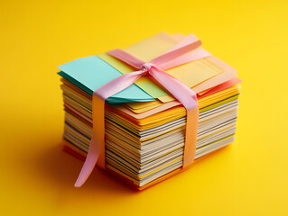 Stack of colorful paper cards tied with a pink ribbon on a yellow background