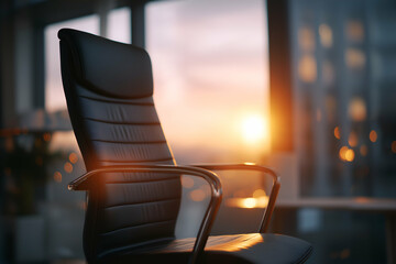 Executive Chair in Office at Sunset with Cityscape View, motion blur Business concept, motion bokeh background