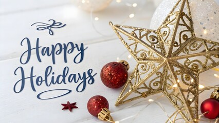 Festive Christmas card with shiny red and golden bauble ornaments and a decorative holiday ribbon bow