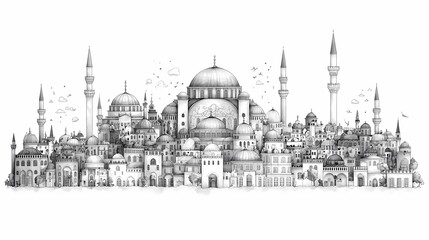 Fototapeta premium Detailed pencil sketch of an ancient city skyline.