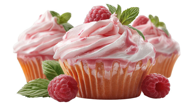Tempting raspberry cupcakes with pink frosting and mint leaves stand out against a dark background for a sweet treat indulgence.