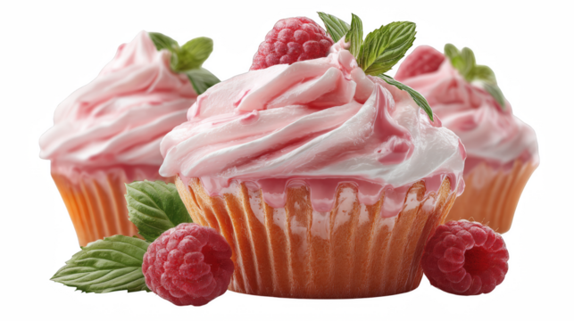 Tempting raspberry cupcakes with pink frosting and mint leaves stand out against a dark background for a sweet treat indulgence.