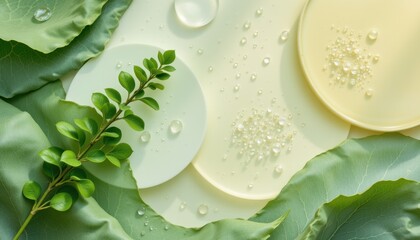 a solitary, fresh sprig of verdant ruscus, its emerald leaves gleaming, presented against an ethereal backdrop of layered