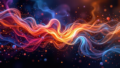 create a captivating image of a multicolored vibrant abstract cloud of particles in space, glowing intensely and fluidly flowing against a beautiful abstract background suggesting nebulae