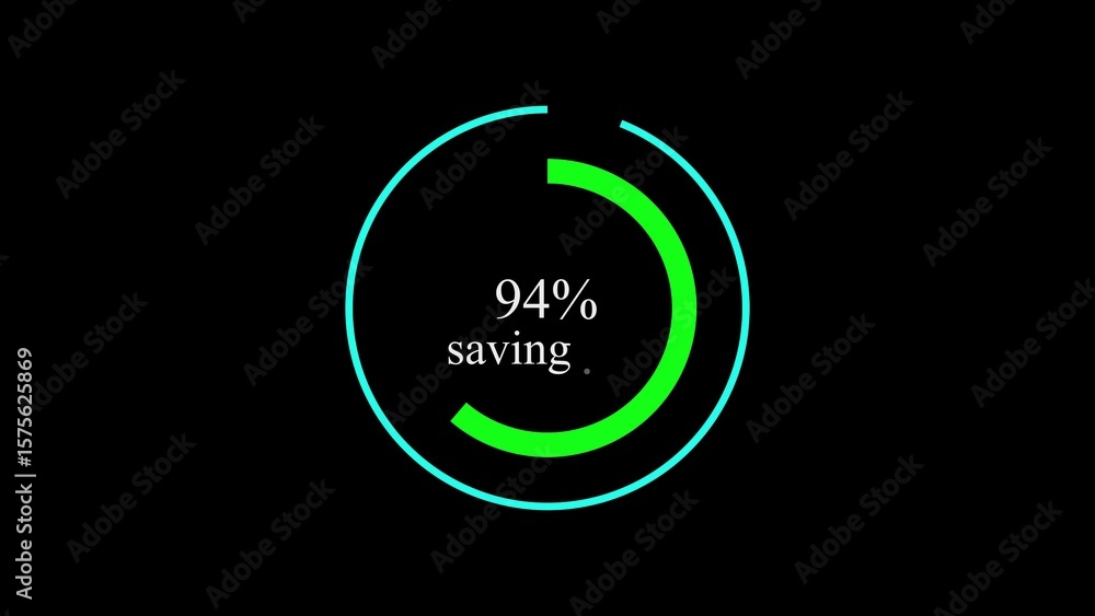 Poster green and blue circle progress indicator with 94 percent saving message on black background