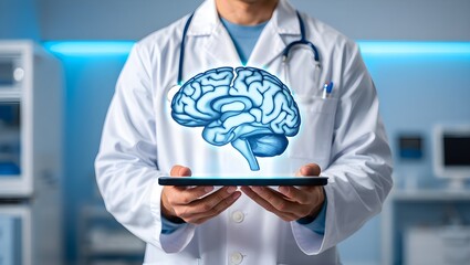 Doctor Holding Tablet Displaying Digital Brain Scan and Medical Data