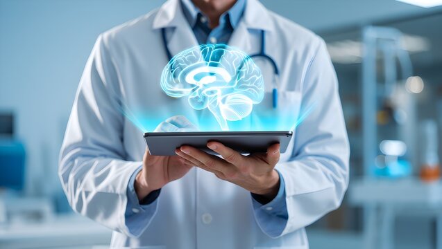 Doctor using advanced holographic medical technology for brain research and diagnosis