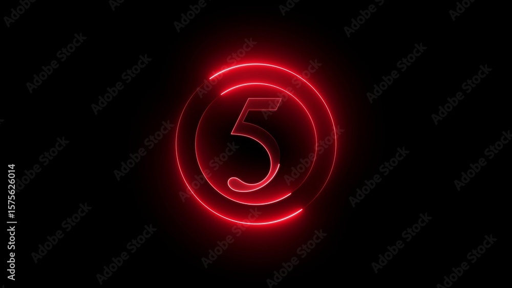 Aufkleber glowing red neon number five displayed inside a circular glowing frame against black background
