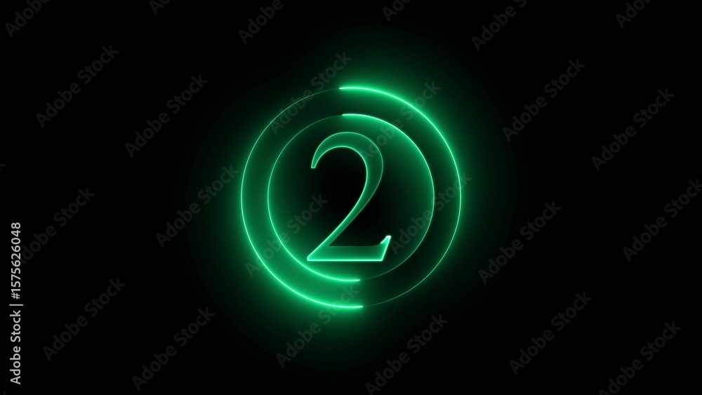 Poster glowing neon number two countdown graphic with a stylish circular design on black background