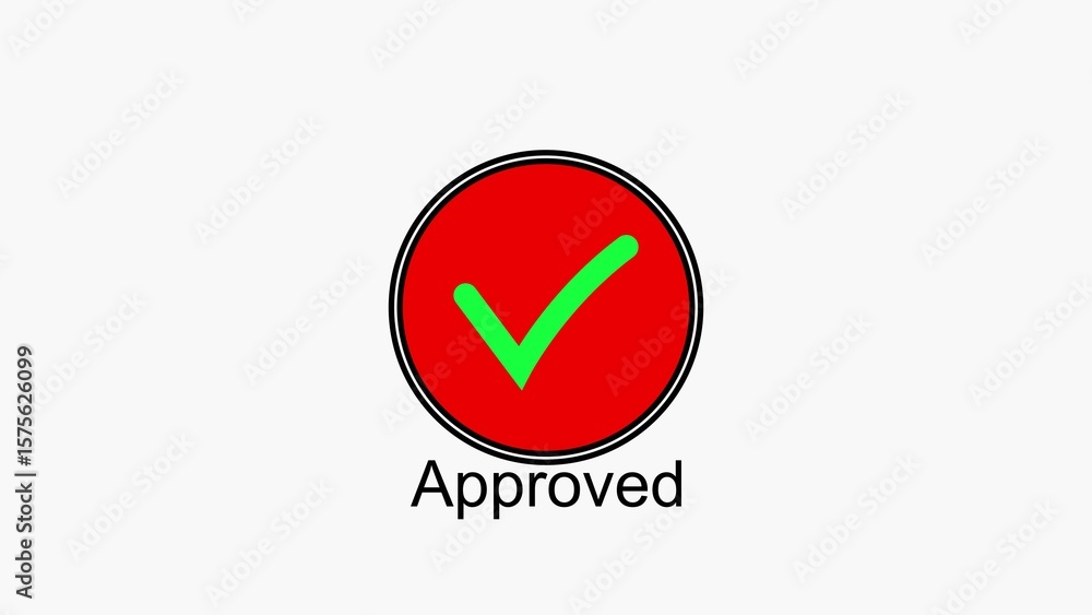 Poster approved sign with a green check mark inside a red circle with black border
