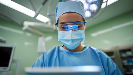 Female surgeon wearing surgical mask and magnifying loupes examines patient data on a tablet