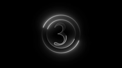 Glowing neon number three inside concentric circles against a black background