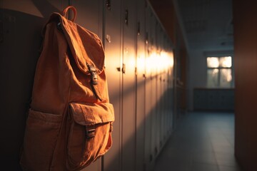 Warm Sunset Light Illuminating an Orange Backpack Hanging in a School Corridor Amidst Lockers