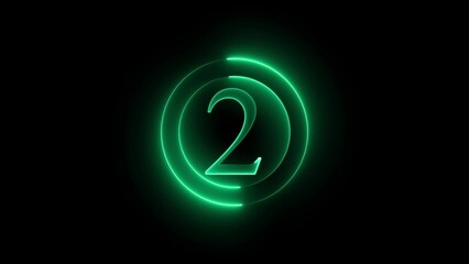 Glowing neon number two countdown graphic with a stylish circular design on black background