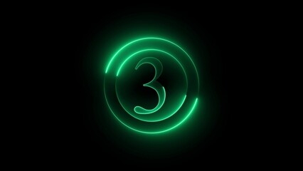 Green neon number three sign isolated against a black background for graphic design