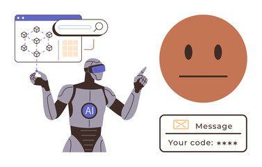 AI humanoid analyzing a digital interface with blockchain graphics, robot emotion, and code input. Ideal for AI, blockchain, automation, cybersecurity, machine learning, innovation and coding
