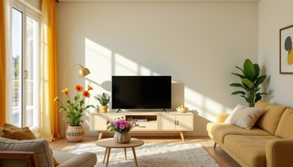 interior mock up living room, a minimalist cabinet cradles an unseen television in a modern living room, a sleek lamp arcs gracefully over a low table adorned with vibrant flowers and lush plants
