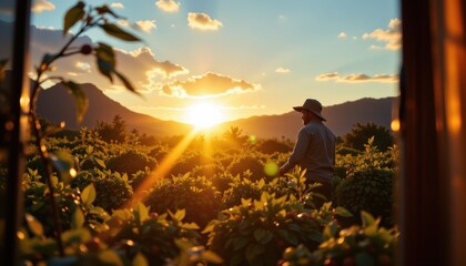 farmer silhouette amidst undulating coffee plants, sunset ablaze, golden backlight, tracking shot through a dew kissed windowpane, right side figure, left side copy space, sun drenched tranquility.