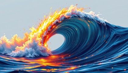 ocean wave isolated, illustration, cyberpunk aesthetic bifurcated: the crest exploding with kinetic neon luminosity, a riot of cheery lemon hues and polished gleam; the trough