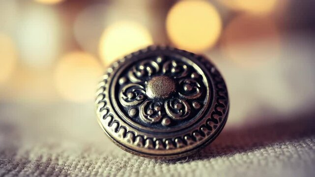 Close-up of antique brass button with intricate design