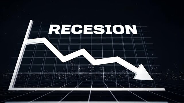 Recession Graph With A Downward Arrow Cityscape Lightning And Thunder In The Dark Sky Bad Finance Situation