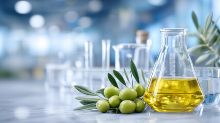 Laboratory setting with fresh green olives arranged beside a clear conical flask filled with golden olive oil, surrounded by pipettes, lab glassware, and analytical instruments, hi