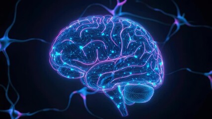 Glowing digital brain neural network hologram on dark background - Powered by Adobe