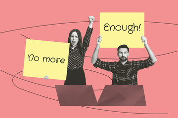 Sketch image trend artwork montage 3D photo collage of young lady man protest no more enough...