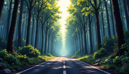 anime style mysterious forest road with misty atmosphere, a dreamscape from a worm's eye view and tunnel vision