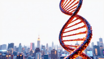 a double helix, monumental dna genome structure isolated against stark white; low angle, distant cyberpunk horizon perspective; subject occupying the right third of the frame