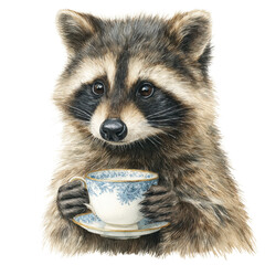 Obraz premium Charming Raccoon Enjoying Tea Cozy Setting Digital Art Vibrant Colors Playful Mood