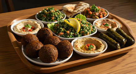 Vibrant Middle Eastern Mezze with Falafel, Tabouli, Dolmas, and Fresh Herb Garnishes