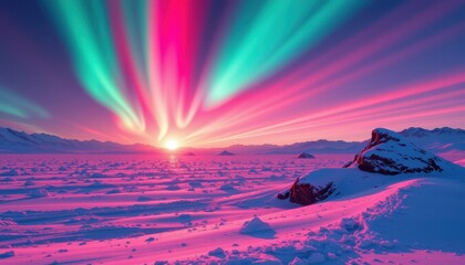 a luminous, almost surreal pink aurora borealis cascades above a frigid expanse of ice and snow, the landscape below is rendered in the vivid, saturated tones of future coral