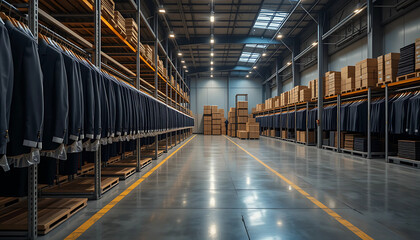 Organized Suits in a Modern Warehouse. A wide shot of a modern warehouse interior, showcasing rows of neatly hung dark suits on metal racks.